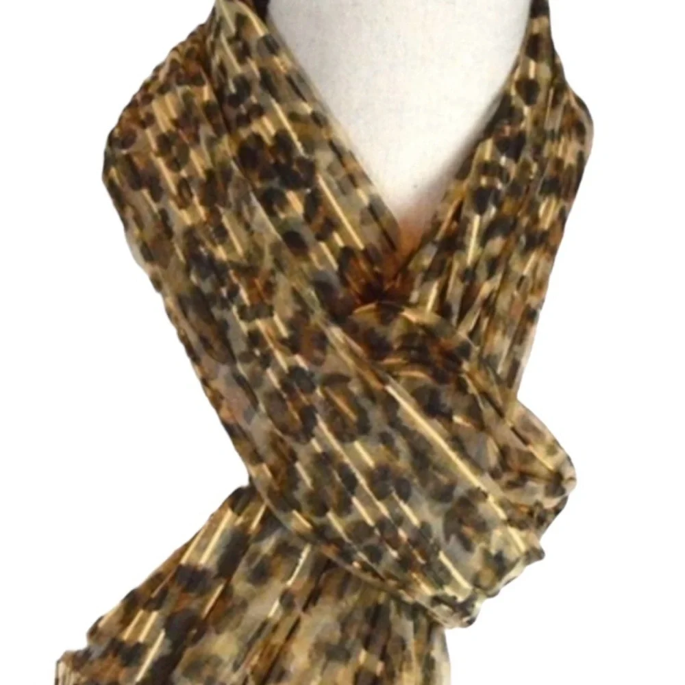 Delicate Sheer Leopard‎ Print Subtle Stripe Beaded Fringe Neck Scarf